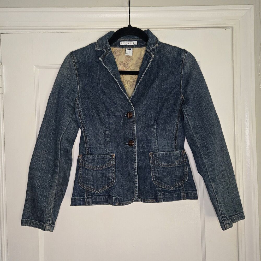 Gap Stretch Denim Blazer Jacket Womens 2 Floral Lined Dark Wash Y2K